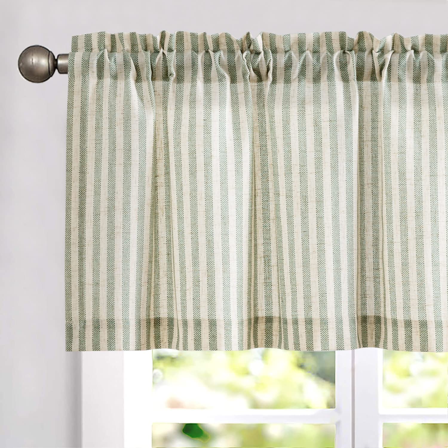Photo 1 of jinchan Valance Curtain Linen Textured Striped Window Curtain for Living Room Light Filtering Ticking Stripe Farmhouse Valance for Kitchen Rod Pocket 1 Panel 16 Inch Sage Green on Beige 1 Panel