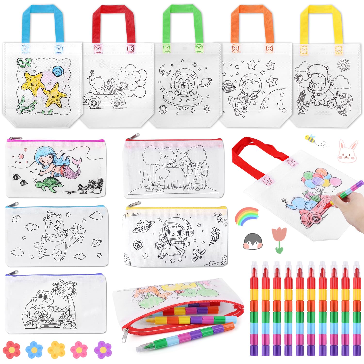 Ezydka 20 Pcs DIY Graffiti Bag Set 10 Colouring Bags for Party Bags 10 Stacking Crayons(7 Colours in 1), Graffiti Bags Colouring Crayons Party Bag Fillers