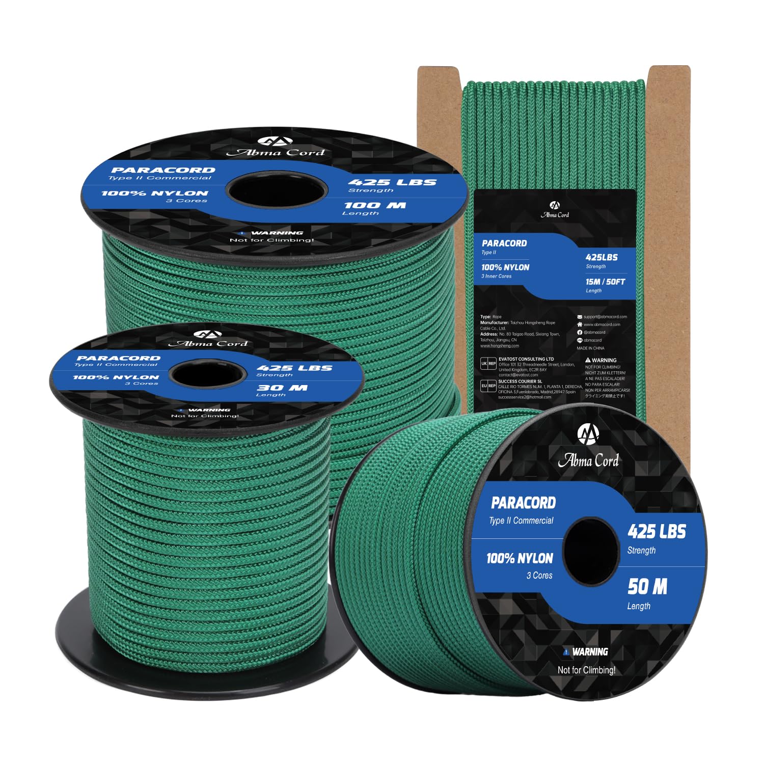 Abma Cord Paracord 3mm 100m 100% Nylon Rope Type II 3 Strands Parachute Cord - Max. 192kg (425lbs) - Kelly Green