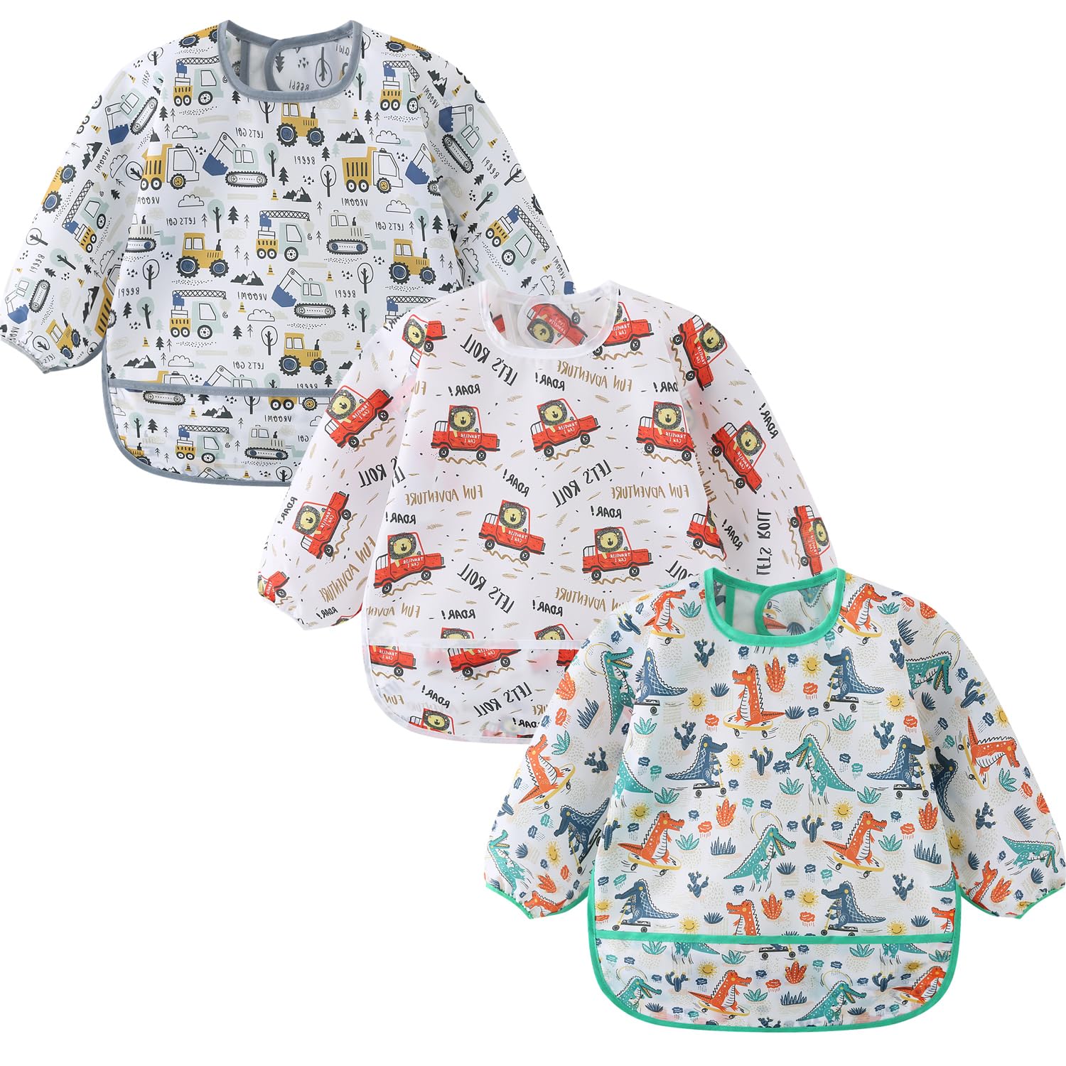 ElecMotive 3 Pack Long Sleeve Baby Bibs, Waterproof Sleeved Bib, Toddler Soft Bib for 6-30 Months (3 Pack B)