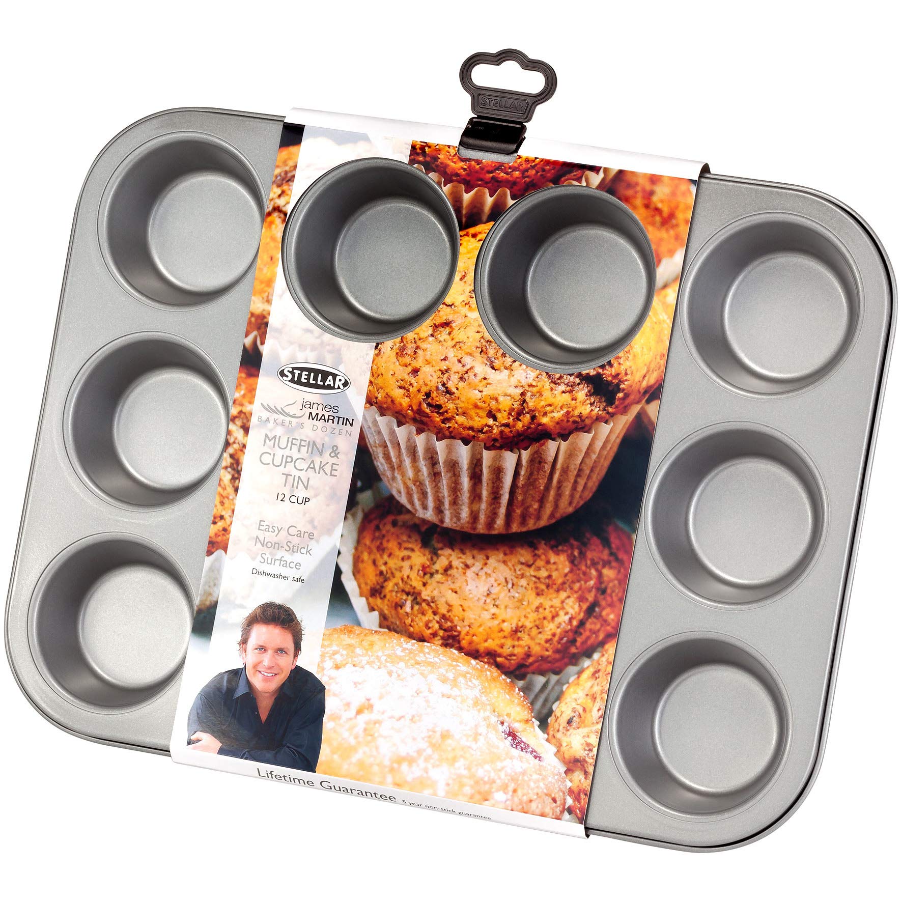 Stellar James Martin Non-Stick Cupcake/Muffin Tin with 12 Cups, High Grade Steel, Dishwasher Safe, 35cm x 27cm x 3cm