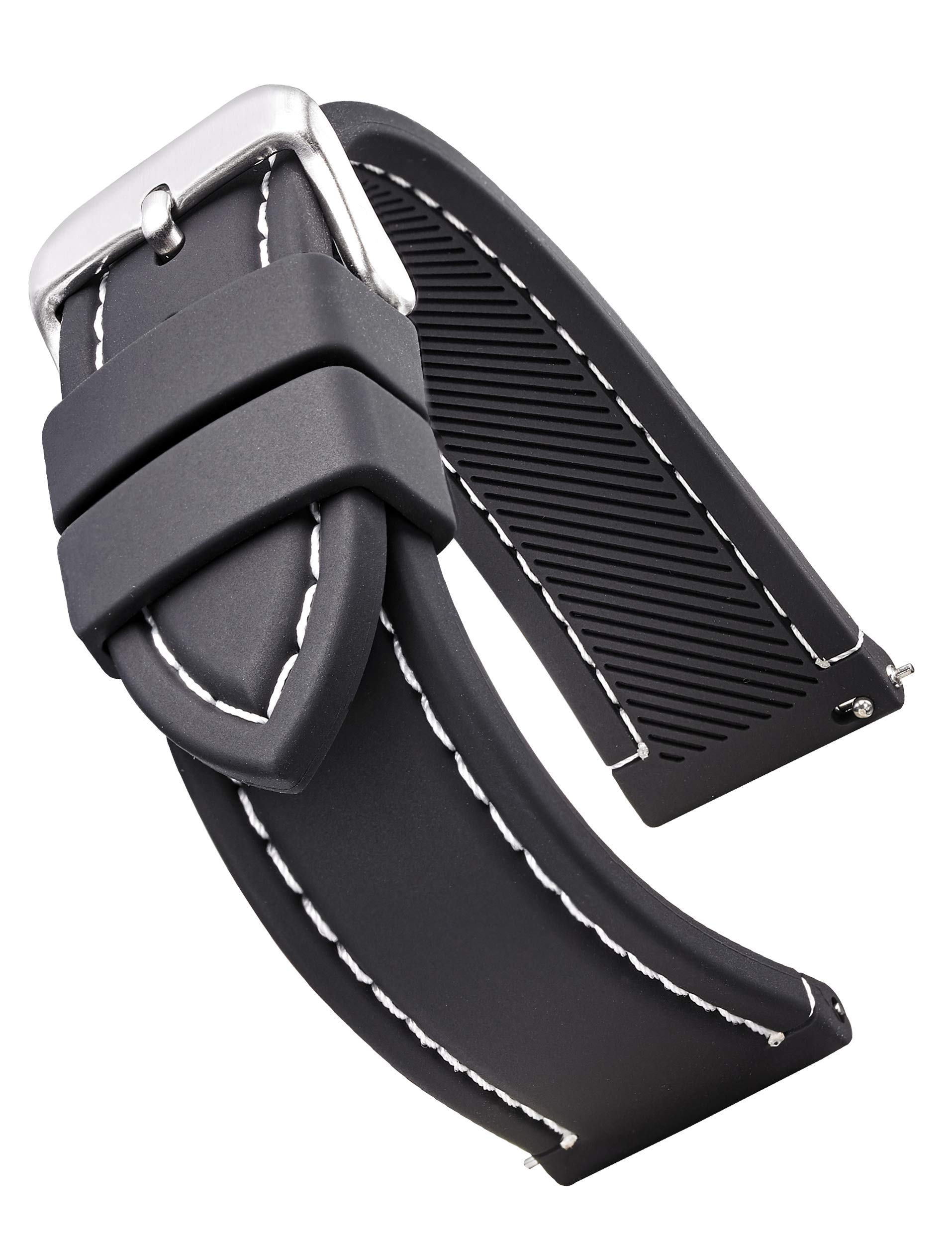 STUNNING SELECTION ALPINE Smooth and sporty silicone stitched watch band with quick release spring bars- Black with red stitching - 20mm (fits wrist sizes 6 1/4 to 8 inch)