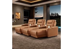 Chorlenimi Home Theater Seating Leather Recliner Chair,Theater Seating Comfy Power Recliner Chair Loveseat Recliners Sofa for Living Room with Cup Holder (Brown,Row of 3)