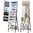 LVSOMT 3 LEDs Mirror Jewelry Cabinet, 60.4" Jewelry Mirror Full Length, Standing Lockable Jewelry Armoire Organizer, Floor Mirror with Storage for Jewelry Cosmetics, White