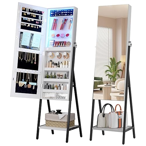 LVSOMT LEDs Mirror Jewelry Cabinet, Jewelry Mirror Full Length,  Standing Lockable Jewelry Armoire Organizer, Floor Mirror with Storage for 