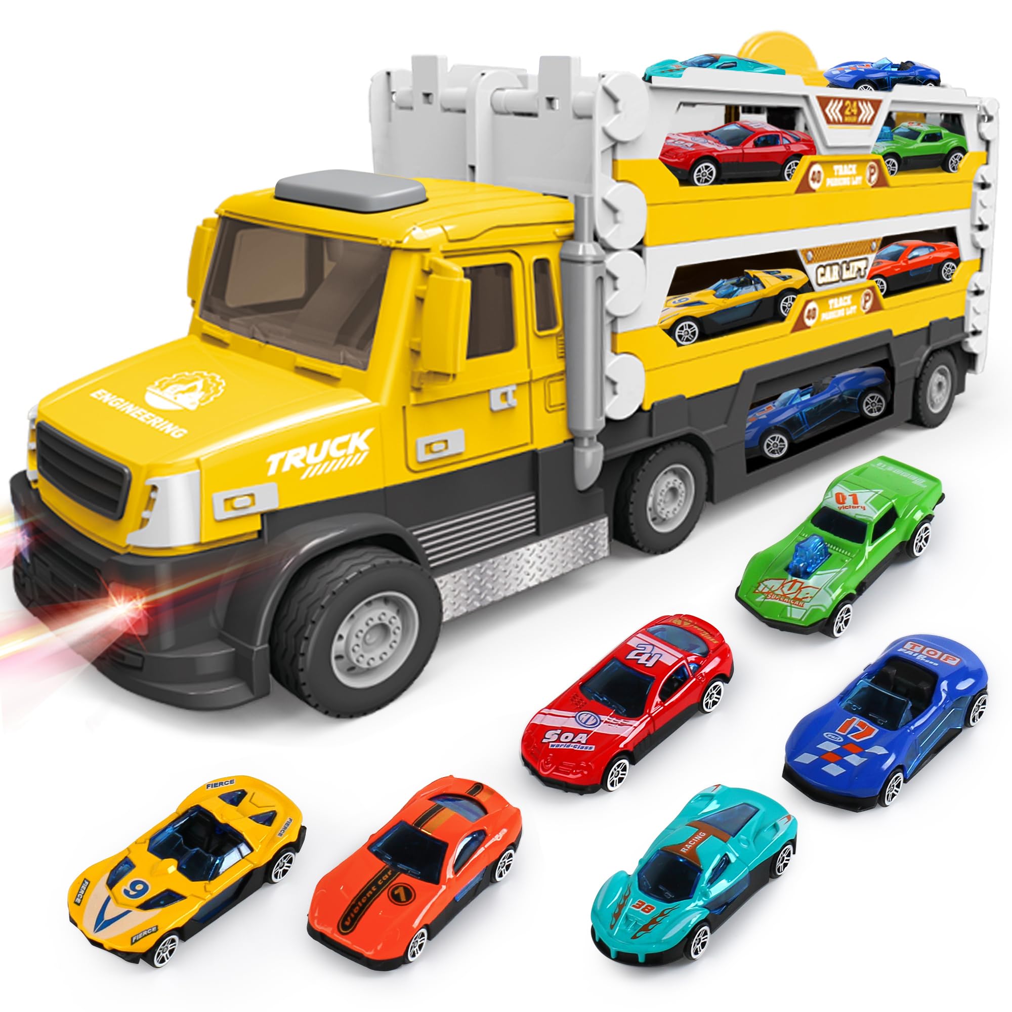 DOWELLIN 6 in 1 Transport Truck Toys for Kids, Police Trucks Carrier Cars with 6Pcs Metal Race Car with Light&Sounds, Toddler Vehicles Toys Gifts for Boys Girls Age 3 4 5 6 7 8-Yellow