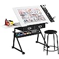 Yaheetech Height Adjustable White Art Desk for Adults, Tilting Tabletop Drafting Drawing Table with Extra Large Desktop and Drawers, Foldable Stand up Craft Painting Table and Chair Set with Stools