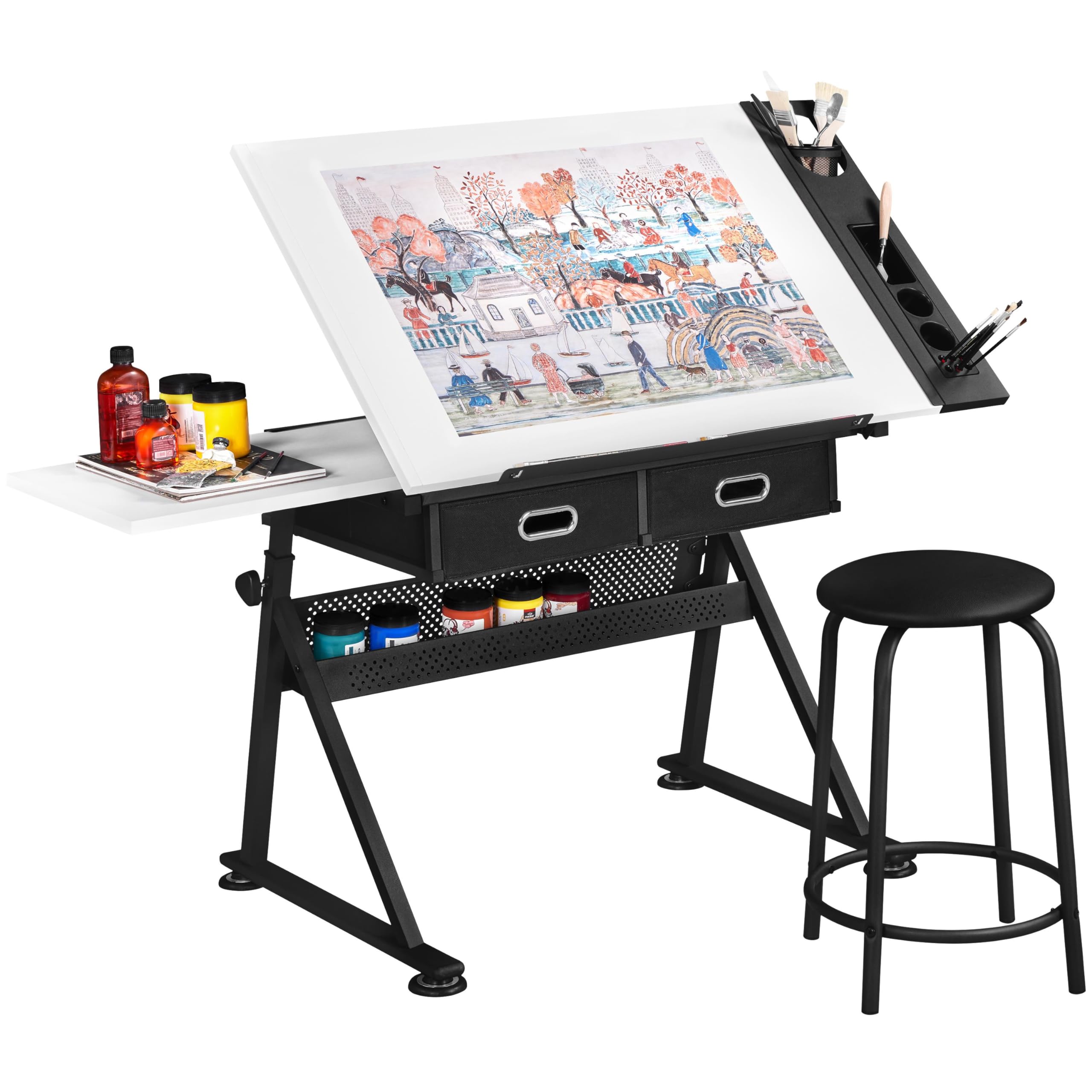 Photo 1 of ***(PARTS ONLY -SELLING AS IS )*** 
Yaheetech Height Adjustable White Art Desk for Adults, Tilting Tabletop Drafting Drawing Table with Extra Large Desktop and Drawers, Foldable Stand up Craft Painting Table and Chair Set with Stools