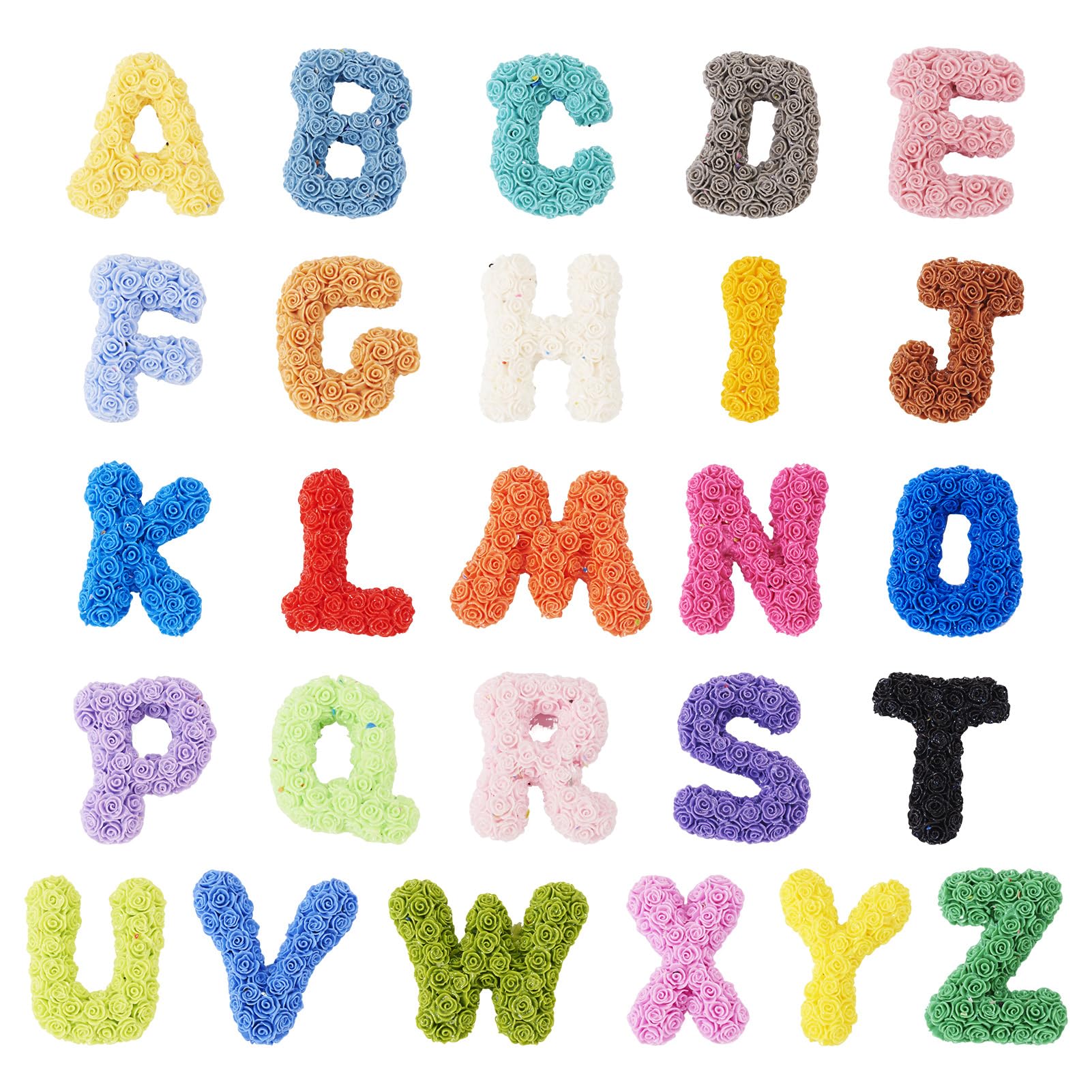 Crafans 26pcs Letter A-Z Cabochons Set Colorful Alphabet Flat Back Latter & Flower Sticker Collection 3D Letter Cabochons for DIY Art Crafts Scrapbooking Decoration