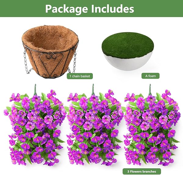 INQCMY ARTIFICIAL FLOWERS FOR OUTDOOR SPRING SUMMER DECORATION FAUX SILK MORNING GLORY FAKE HANGING FLOWERS UV RESISTANT LOOK REAL FOR HOME PORCH (3PCS PURPLE OMBRE+1 BASKE)