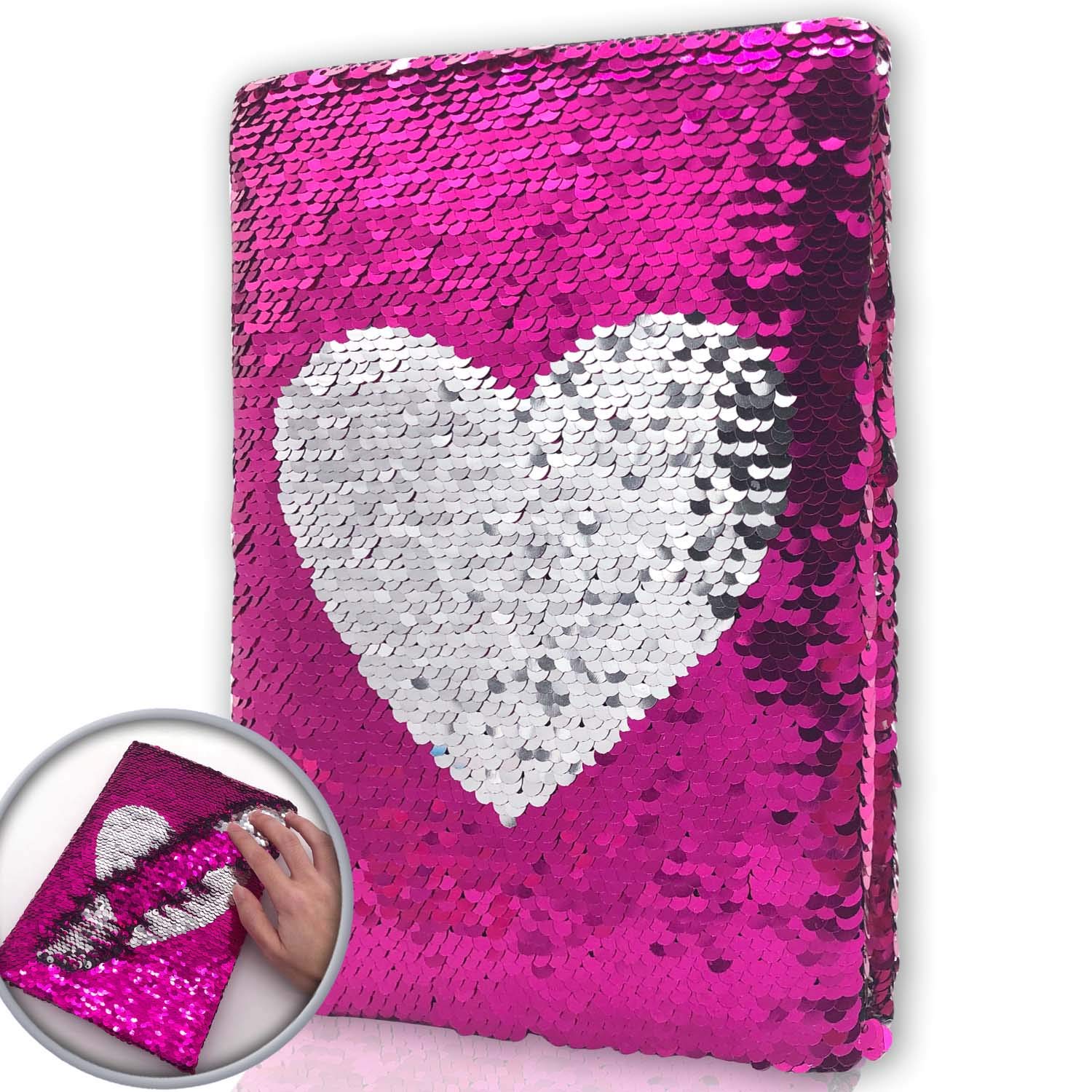Sequin Girls Journal for Kids, 8.5x5.5” 160 Lined Pages Diary for Girls Heart Pattern Reversible Flip Sequence Notebook for Teenage Pre School Writing Drawing Travel Gifts (Rose Red-Sliver)