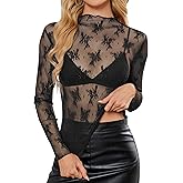 betterTime Lace Tops for Women See Through Mesh Long Sleeve Top Floral Mock Neck Club Party Night Lace Undershirt