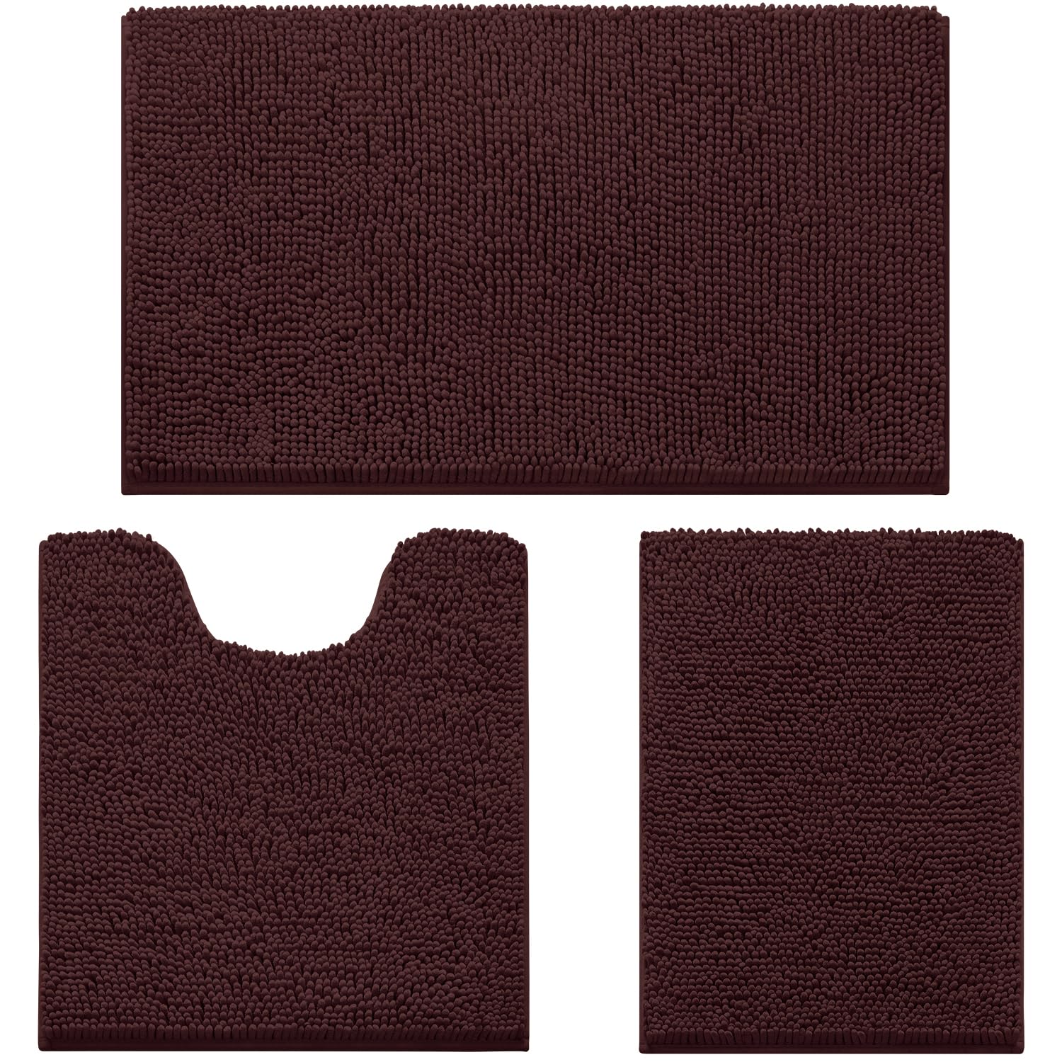 Photo 1 of HOMEIDEAS 3 Pieces Bathroom Rugs, Ultra Soft Non Slip Absorbent Chenille Toilet Bath Mat Set (Brown)