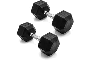 CAP Rubber Coated Dumbbell Weights, Free Weights for Home Gym Strength Training, Anti-Roll Hex Dumbbells with Black, Chrome & Comfort Grip Handles, Pairs & Sets