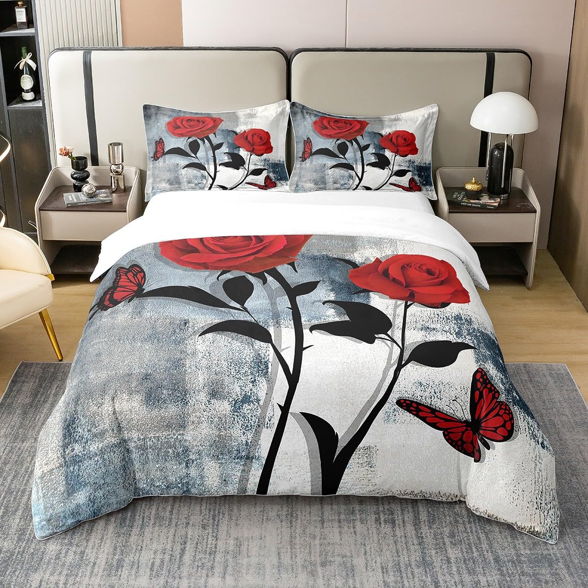 Homewish Red Rose Cotton Duvet Cover King,Grunge Navy Blue Ombre Comforter Cover for Room Decor,Vintage Watercolor Artwork Bedding,Oil Painting Butterfly Floral Bed Sets with 2 Pillow Cases