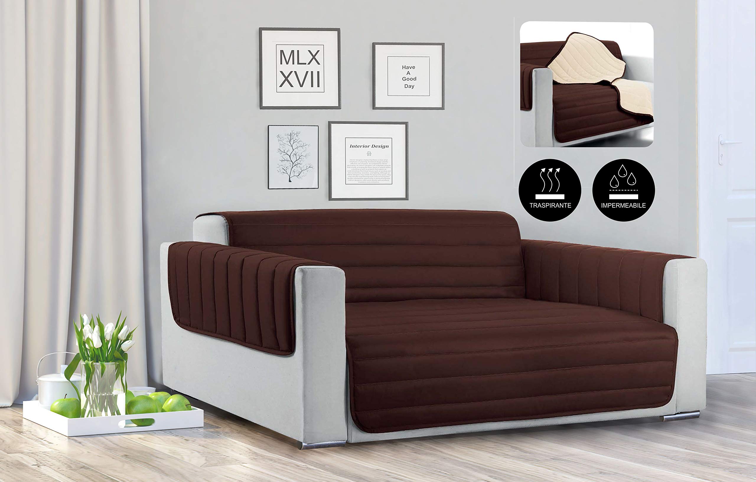 Italian Bed Linen Sogni e Capricci Waterproof Trendy Quilted Sofa Cover Brown/Cream, 3 Places