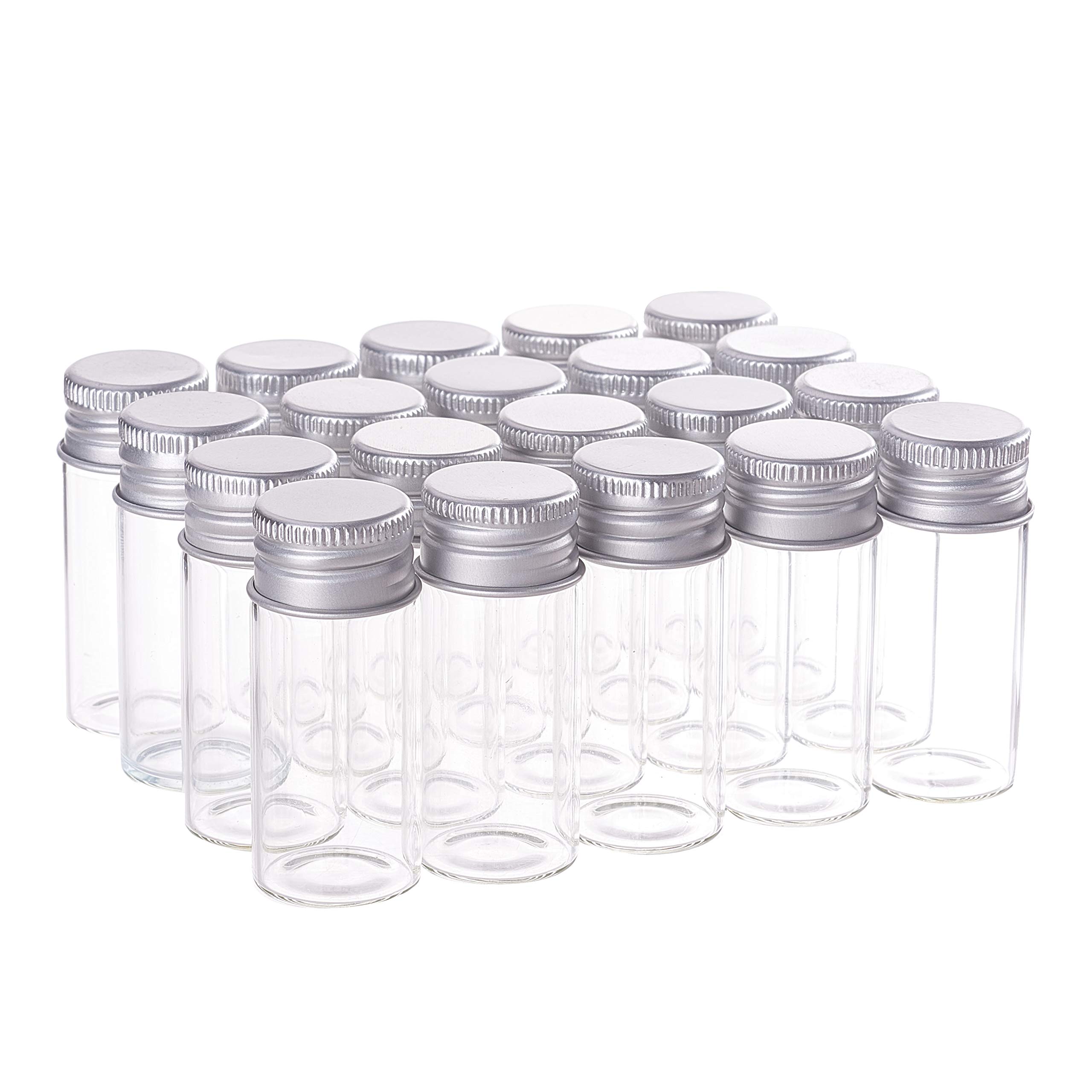BENECREAT 20PCS 10ml Clear Glass Bottles Candy Bottle with Aluminum Screw Top Empty Sample Jars Sample Vials for Spice Herbs Small Items Storage Wedding Favors