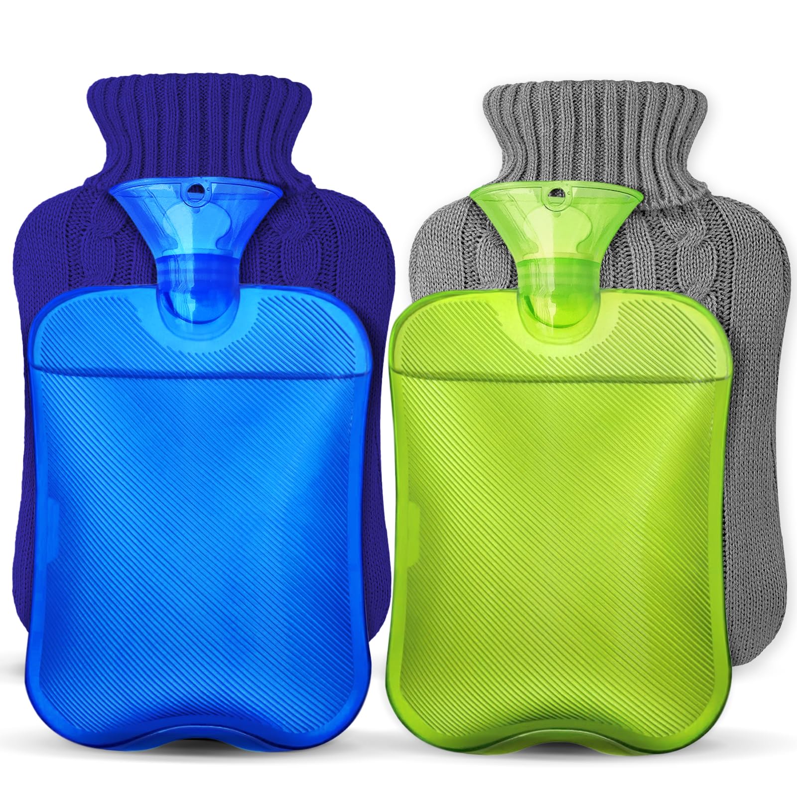 View 1 of 2 Packs Hot Water Bottle with Knitted Cover, Rubber Heat Bag for Hot & Cold Compress, Warm Water Heat Bottles for Menstrual Cramps Pain Relief, Bed Hand Feet Warmer Winter Gift 2 Liter - Green & Blue