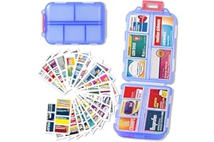 IOUWEI Pill Organizer with Medicine Labels Travel Daily Pill Container Mini Medication Organizer Storage Pill Organizer Travel Essentials Pill Case 7 Day Pill Organizer(Blue & 146 Lables)