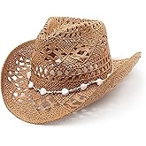 DRESHOW Straw Cowboy Cowgirl Hat for Women Men Western Coastal Cowboy Beach Hat with Shapeable Brim Unisex Rolled up Caps