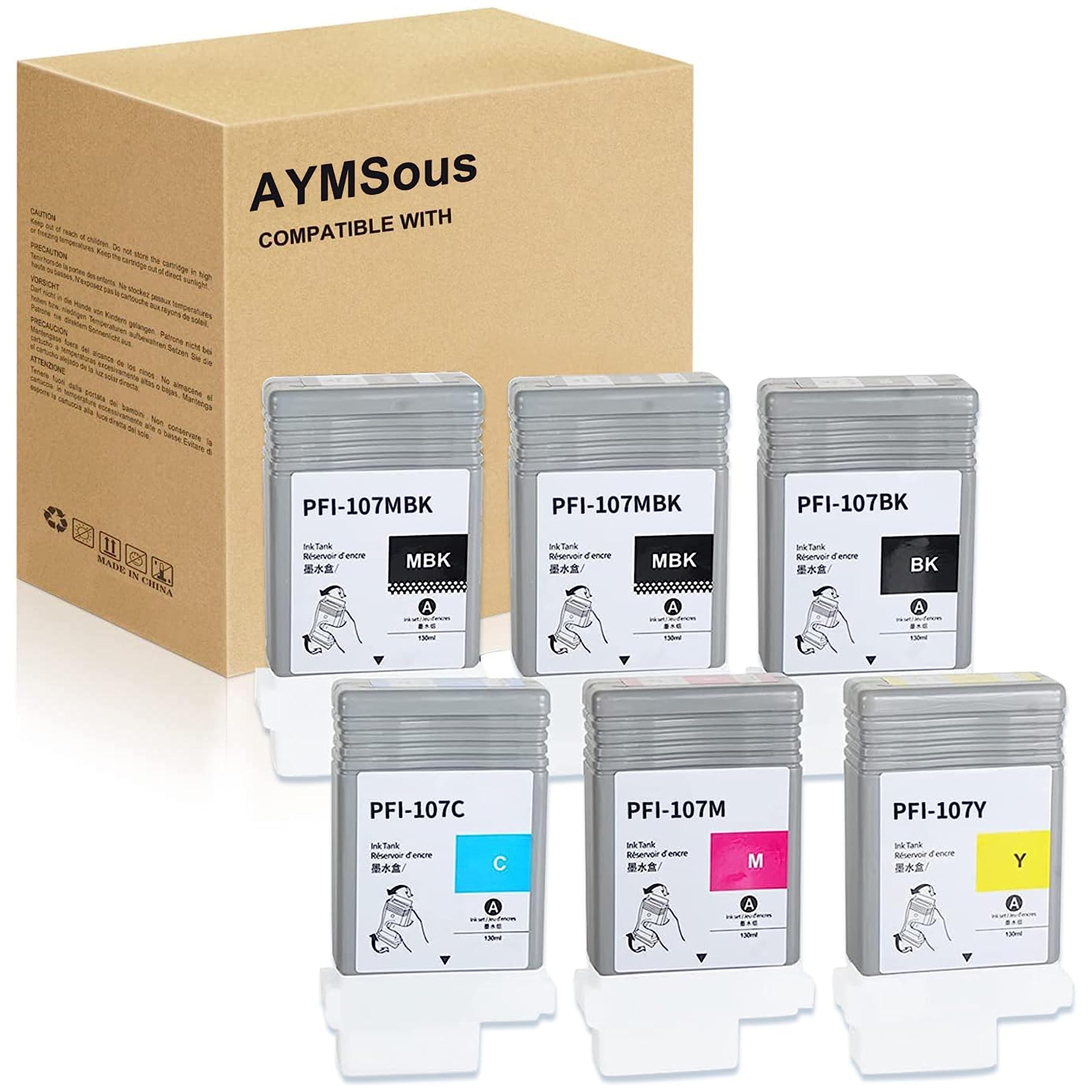 Photo 1 of AYMSous Compatible PFI-107 Ink Cartridge Replacement for Canon PFI-107 PFI107 PFI-107MBK PFI-107BK PFI-107C PFI-107M PFI-107Y for Canon imagePROGRAF iPF670 iPF680 iPF685 iPF770 iPF780 iPF785 (6-Pack)