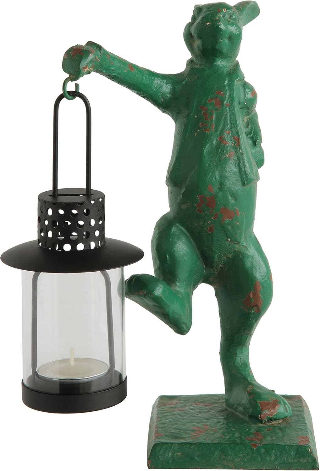 Creative Co-op Distressed Green Cast Iron Rabbit with Tealight Lantern