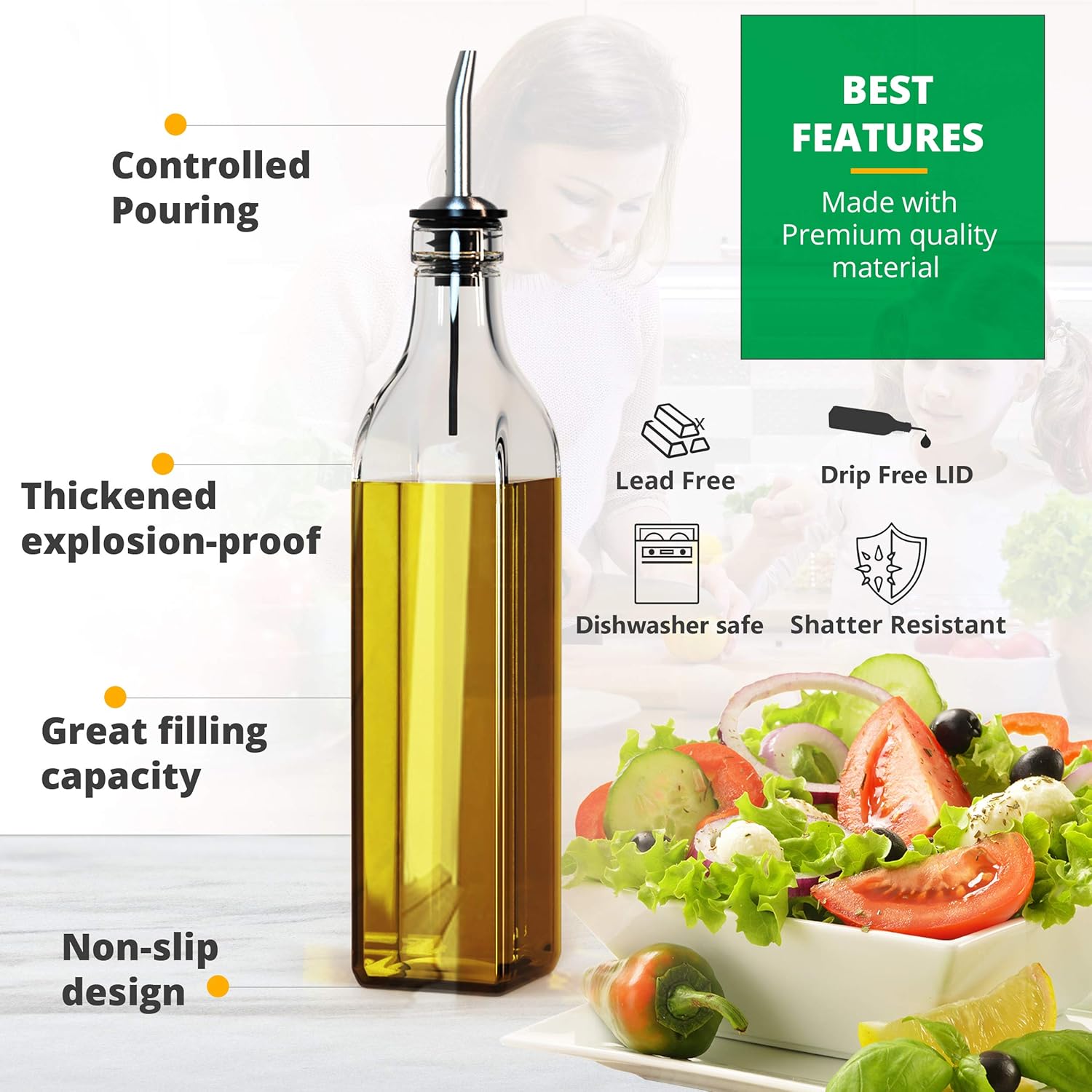 Liam Kitchen Glass Oil Dispenser 17oz Pack 1 - Olive Oil and Vinegar Cruet Clear Bottle Includes 1 Extra Stainless Steel Spout for Easy Pouring - White: Home Improvement