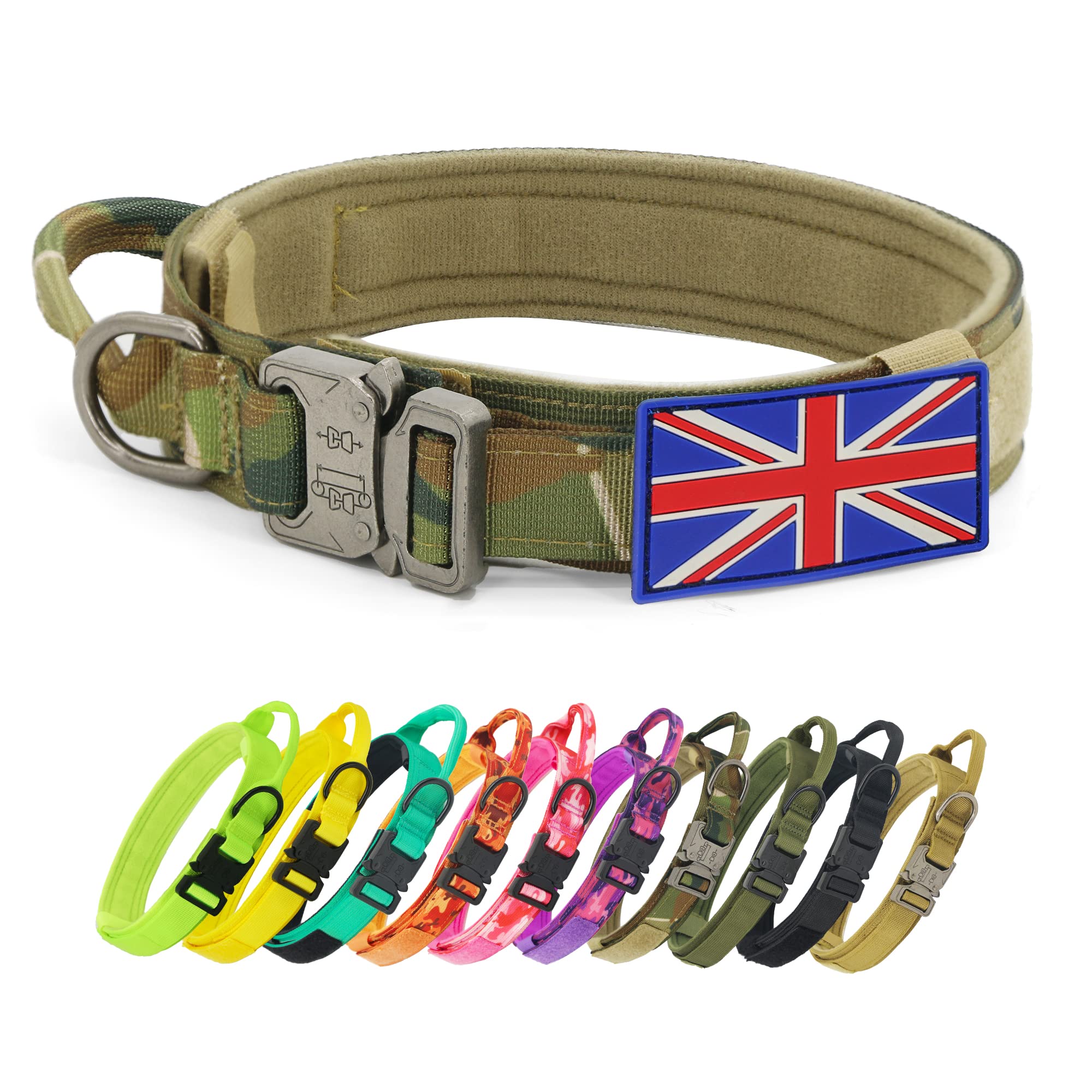 YoothBro Tactical K9 Military Dog Collar with UK Patch, Adjustable Nylon Dog Collar with Heavy Duty Metal Buckle for Medium Large Dogs Camo,XL