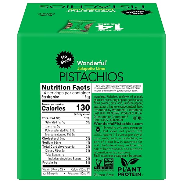 WONDERFUL PISTACHIOS NO SHELLS, JALAPEÑO LIME NUTS, 0.75 OUNCE BAGS (PACK OF 14), PROTEIN SNACKS, GLUTEN FREE, ON-THE-GO, INDIVIDUALLY WRAPPED SNACKS, PANTRY STAPLES