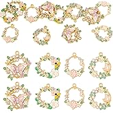 Craftdady 16 pcs Rhinestone Flower Charms for Jewelry Making Alloy Wreath Charm Enamel Spring Butterfly Bee Garland Dangle Pendant Metal Hollow Round Charm Pendant for Bracelet Necklace Making