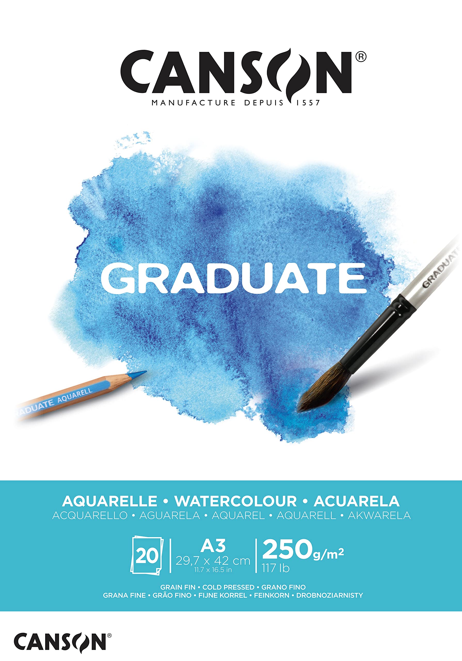 CANSON Graduate Watercolour 250gsm A3 Paper, Cold Pressed, Pad Glued Short Side, 20 Natural White Sheets, For Student Artists