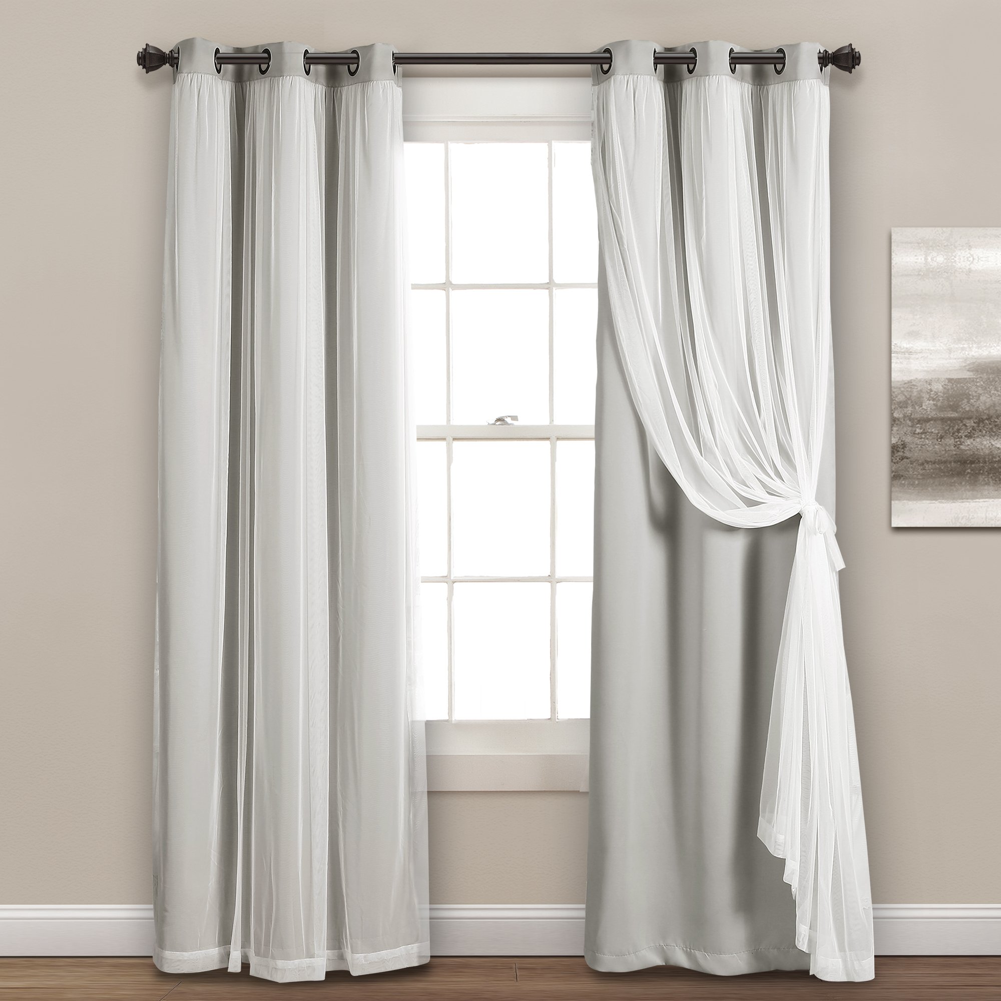 Lush Decor Sheer Grommet Curtains With Insulated Blackout Lining, Window Curtain Panels, Pair, 38"W x 84"L, Light Gray - Curtain With Sheer Overlay, Elegant Blackout Curtains for Bedroom Image