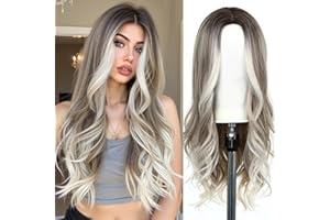 Esmee 24 Inches Long Wavy Mixed Silver Grey Synthetic Hair Wigs for Women Ombre Wig with Dark Roots for Daily Party Cosplay U
