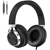 Over Ear Headphones Wired with Microphone - Noise Isolating Corded Headphones with Protein Leather Ear Cushions for Teens Adults,Fordable Head phones with Golded 3.5 mm Jack for Laptop (Black)