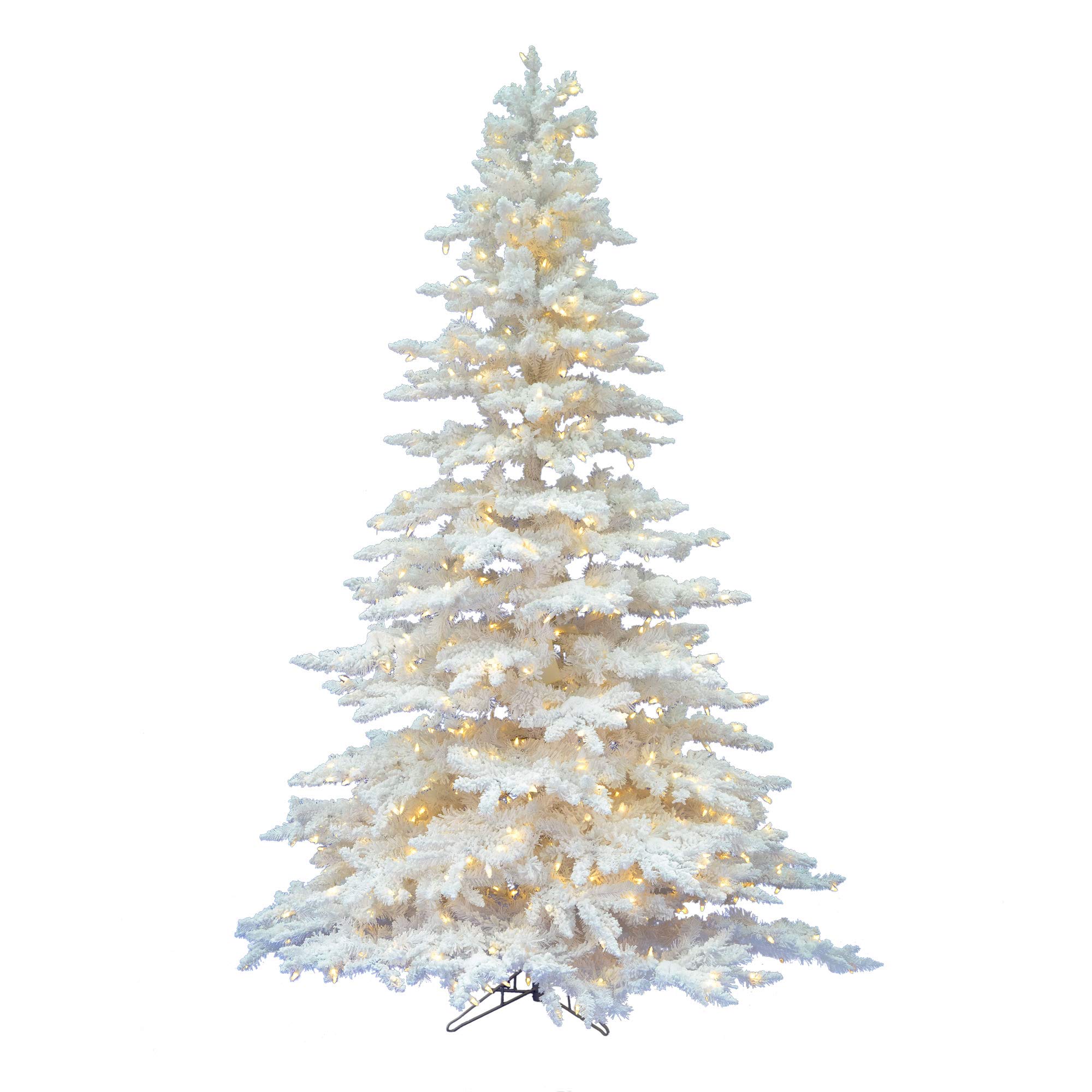 Vickerman9' Flocked White Spruce Artificial Christmas Tree, Warm White LED Lights - Snow Covered Faux Tree - Seasonal Indoor Home Decor
