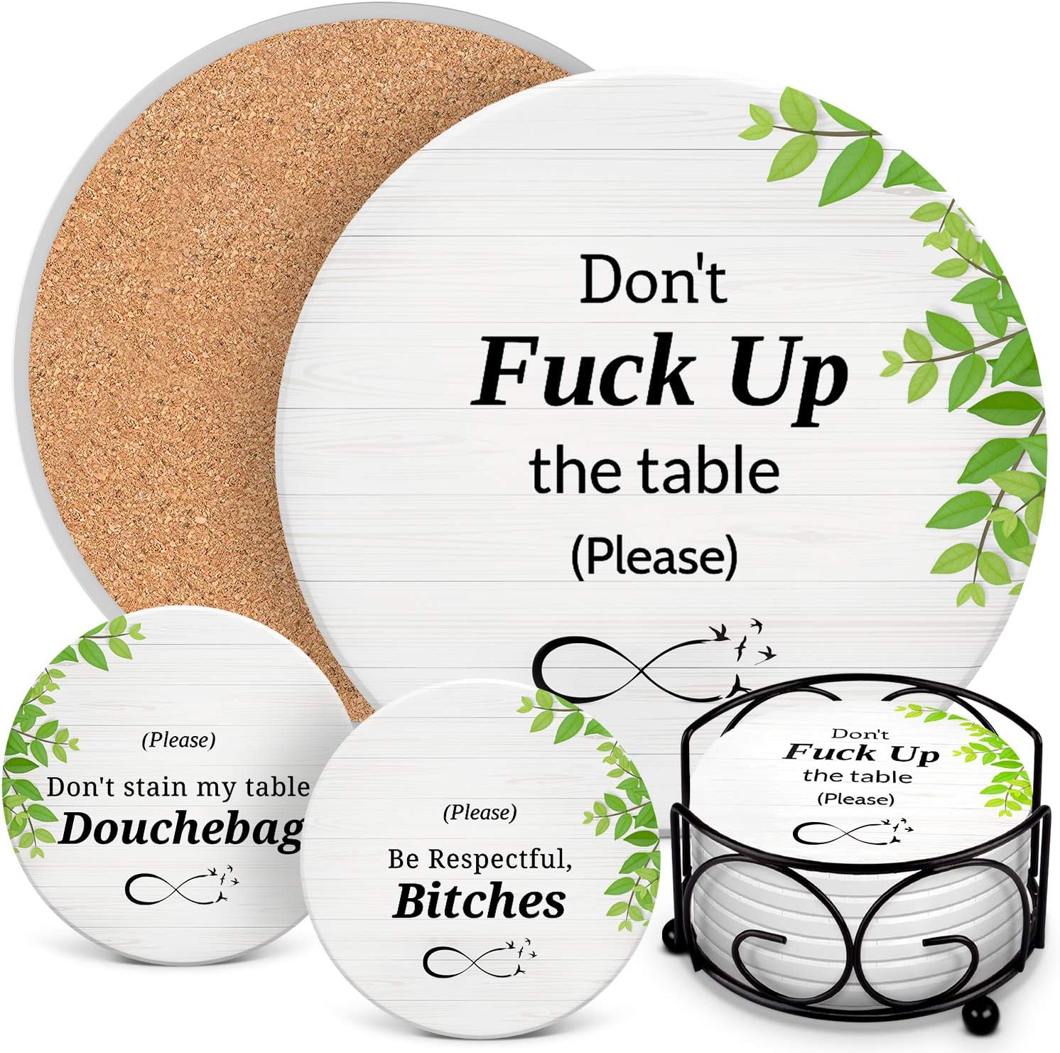 Coasters For Drinks Absorbent with Holder - 6 Pcs Novelty Gift Set - 3 Sayings - Unique Present for Friends, Men, Women, Housewarming, Birthday, Housewarming Gifts Ideas, Interesting Gifts For Women
