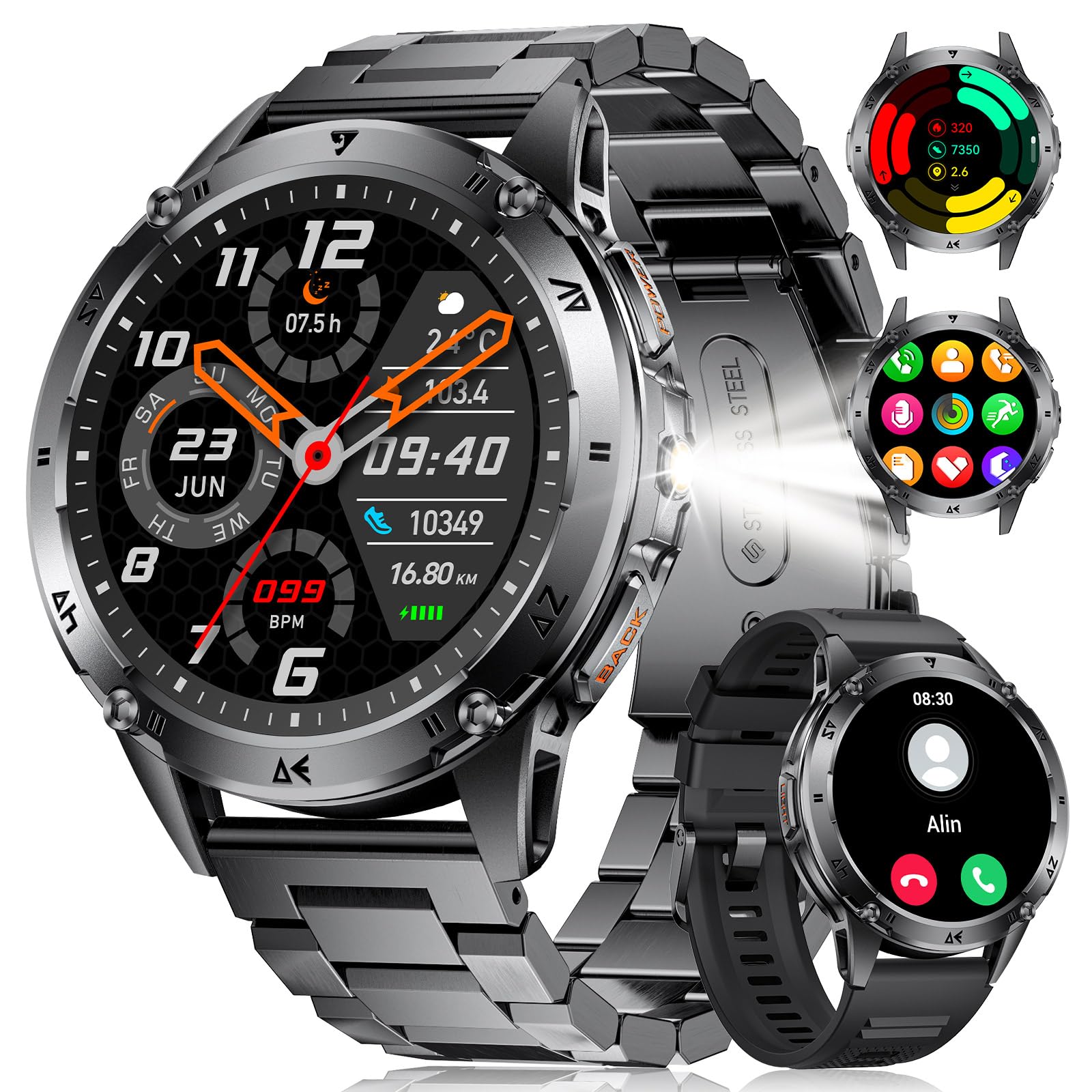 SUNKTA Smart Watch for Men with Flashlight/530mAh Battery, 1.43'' AMOLED Smartwatch for Android iOS, Military Sport Watch with Bluetooth Call Health Monitor IP68 Waterproof Fitness Tracker, Black