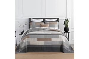 DDUOXIN 100% Cotton Queen Bedspread 102" W x120 L - Lightweight Oversized Quilt with 2 Pillow Shams, Farmhouse Stripe Reversible Bedspreads, Gray/Beige/Brown/Black