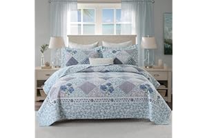 DDUOXIN Floral Oversized Bedspreads King Size 128"x120" - 100% Cotton Reversible California King Quilt with 2 Pillow Shams, Farmhouse King Bedspread Lightweight Bedding Set, Blue, Cal King
