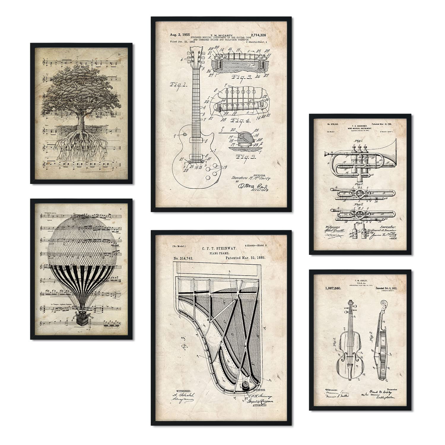 Nacnic Set of 6 posters Music Patent. Collection of posters in collage aesthetic for interior decoration. Sizes A3 and A4. Frameless.