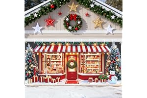 LEKETOO Christmas Candy Cane Garage Door Cover Decoration, 16 x 7 ft Xmas Santa's Shop Garage Door Banner Covering Mural Backdrop Background, Christmas Holiday Party Wall Decor Indoor Outdoor