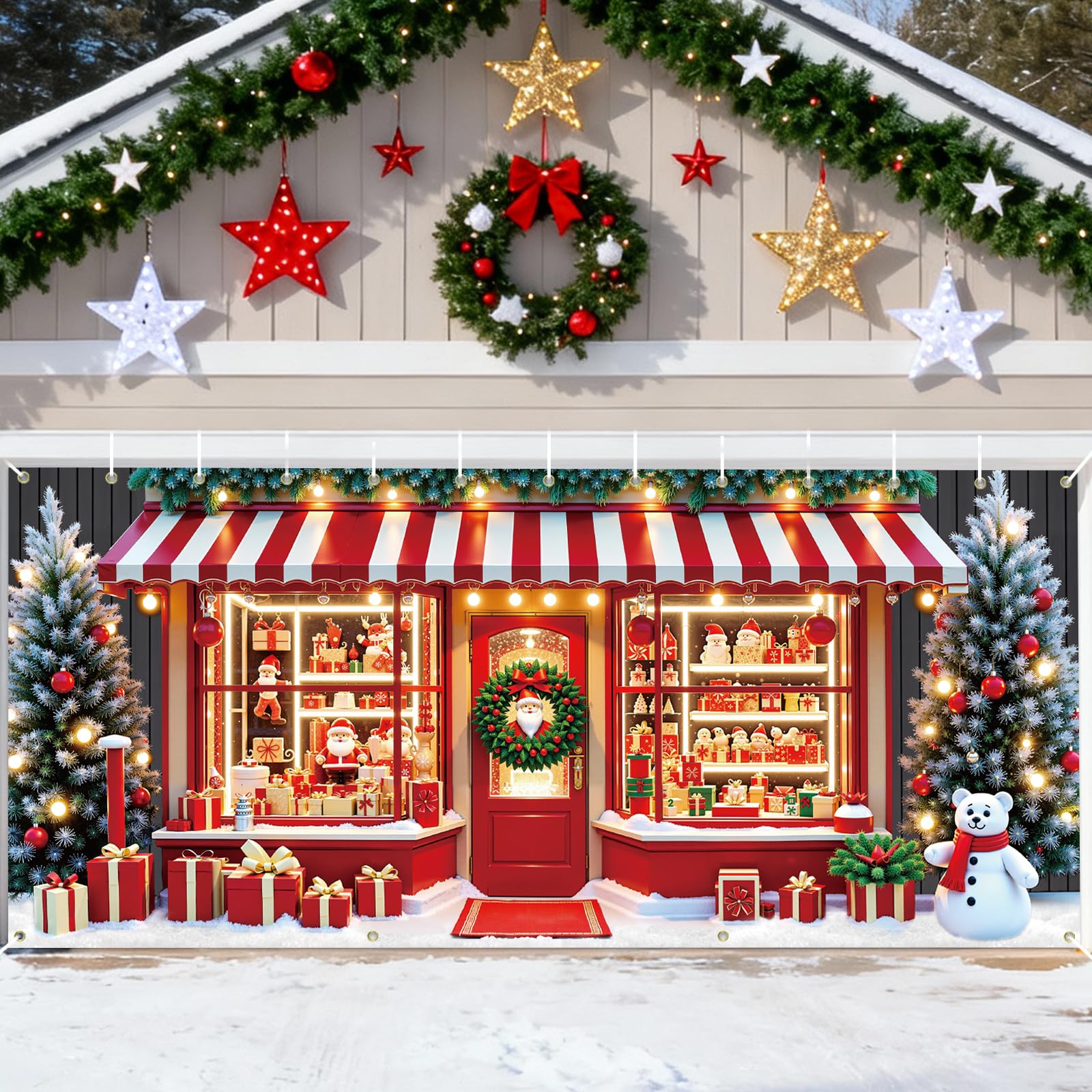 Photo 1 of Christmas Candy Cane Garage Door Cover Decoration, 16 x 7 ft Xmas Santa's Shop Garage Door Banner Covering Mural Backdrop Background, Christmas Holiday Party Wall Decor Indoor Outdoor