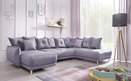 Bobochic Lena Canapé D Angle Panoramique Convertible Droite L312x90x155203cm Couleur Gris Clair