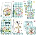 VitalCozy 8 Pcs Easter Kitchen Towels Oven Mitts and Pot Holder Sets Happy Easter Floral Kitchen Towels Dish Towel Cute Bunny Egg Heat Resistant Oven Gloves Potholder for Holiday Baking