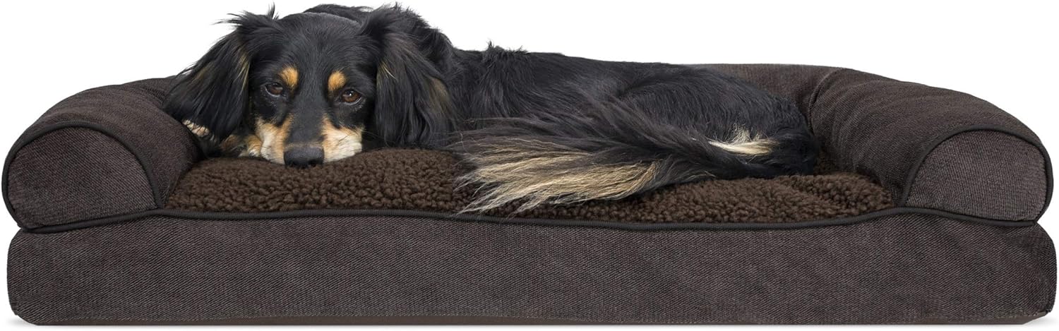 Furhaven Pet Dog Bed - Faux Fleece and Chenille Soft Woven Pillow Cushion Traditional Sofa-Style Living Room Couch Pet Bed with Removable Cover for Dogs and Cats, Coffee, Medium : Pet Supplies