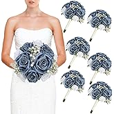 DIYDOFUN Wedding Bridesmaid Bouquets Set of 6, Artificial Silk Flowers Arrangement for Ceremony Marriage Proposal Party Anniversary Decorations - Dusty Blue