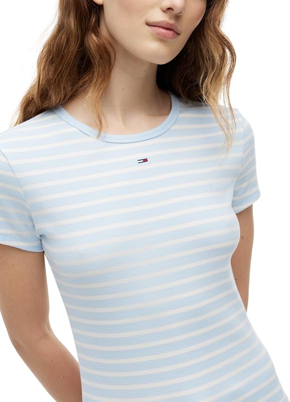 Damen T-Shirt Kurzarm Essential Rib Slim Fit, Blau (Kingly Blue/Stripe), XL