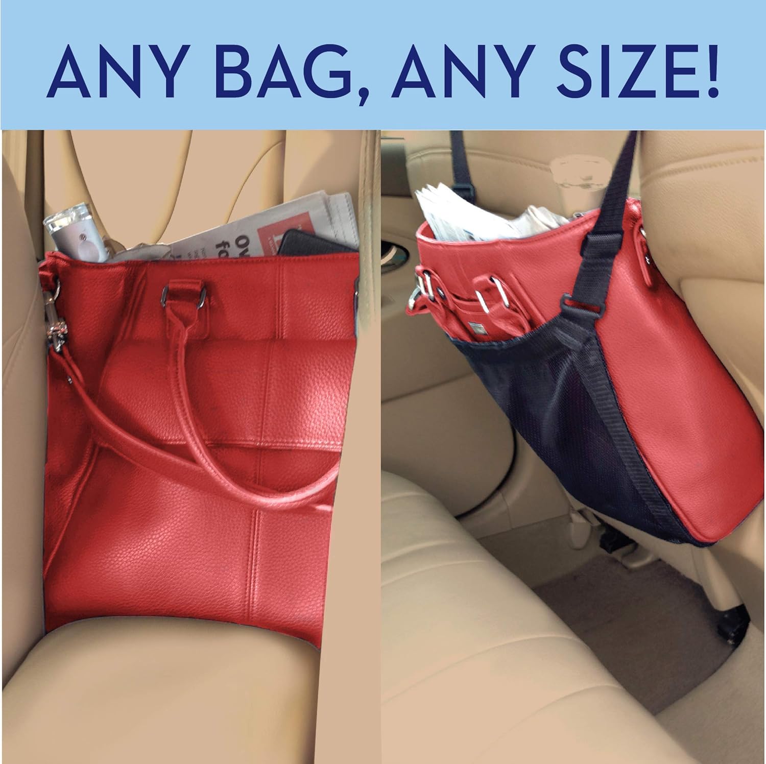 Car Cache - Handbag Holder: Car Purse Storage & Pocket (for Smaller Items) - Helps as Dog Barrier, Too! Original Invention, Patented: Automotive