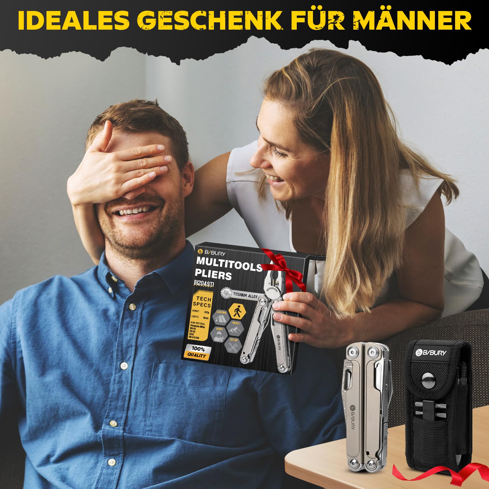 BIBURY Multitool Titan & Damast Messer - Multifunktionswerkzeug mit Zange, Schere, austauschbarer Säge & Bits - Profi EDC Taschenmesser Geschenke für Männer, Reparieren, Camping Zubehör BI2049TI 8