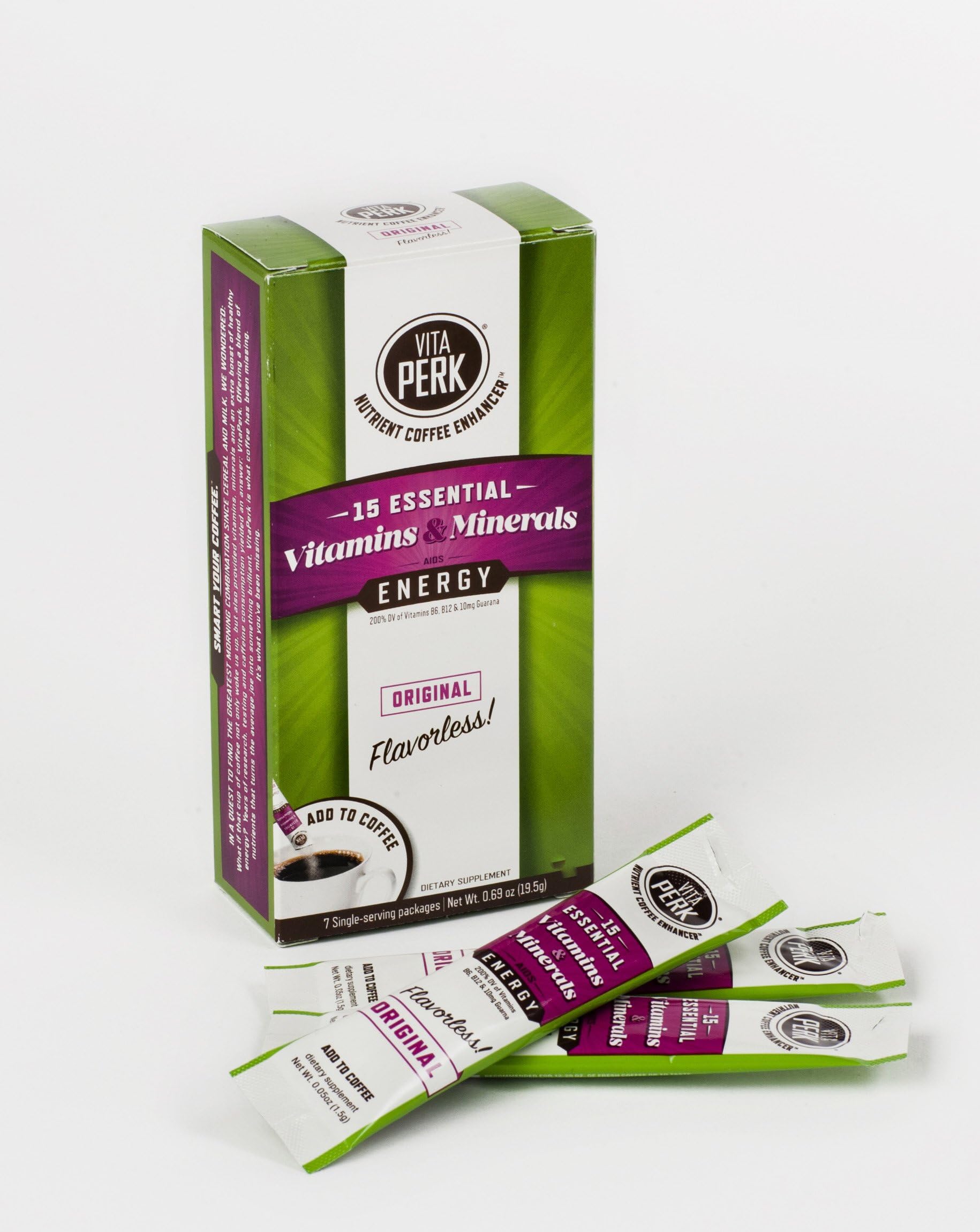 VitaPerk Energy, Original (Flavorless), 7 pack, Add HEALTHY ENERGY & Vitamins to Starbucks, Kuerig Green Mountain, Dunkin Donuts, Folgers or your favorite coffee or coffee pod